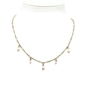 Gold Chain Necklace With Dangling Faux Pearl Charms Delicate Vintage Choker